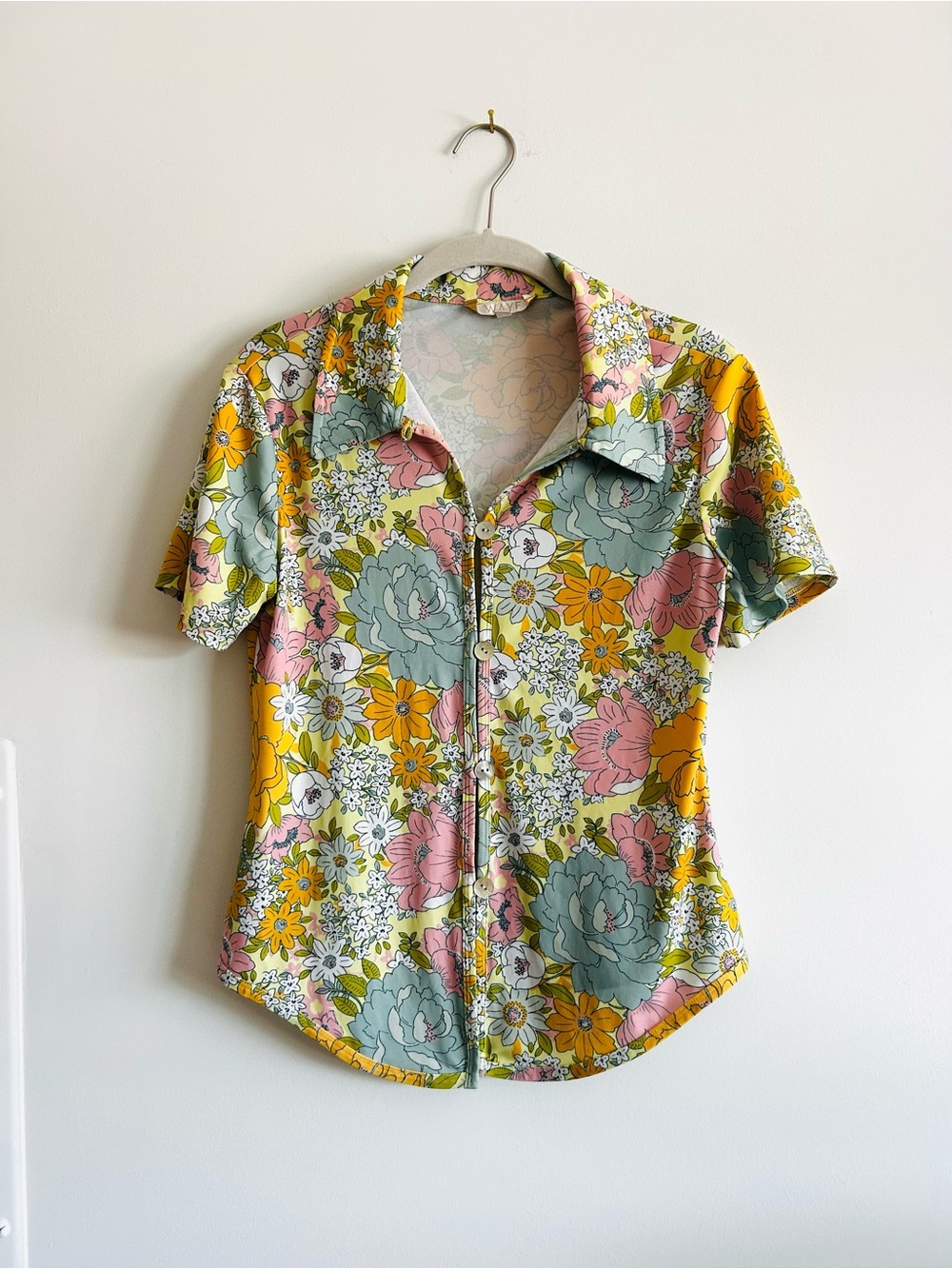 WAYF Naomi Pastel Floral Printed Short Sleeve Button Up Shirt Size XS